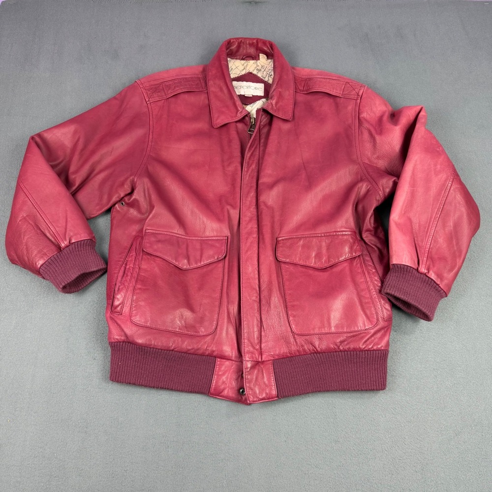 Vintage Repertoire Leather Bomber Jacket Mens M Burgundy Wine Map Lined